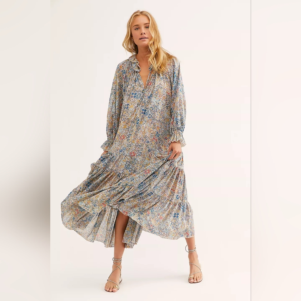 Free people XL Feeling Groovy Maxi Dress ivory combo ob998042 floral print blue